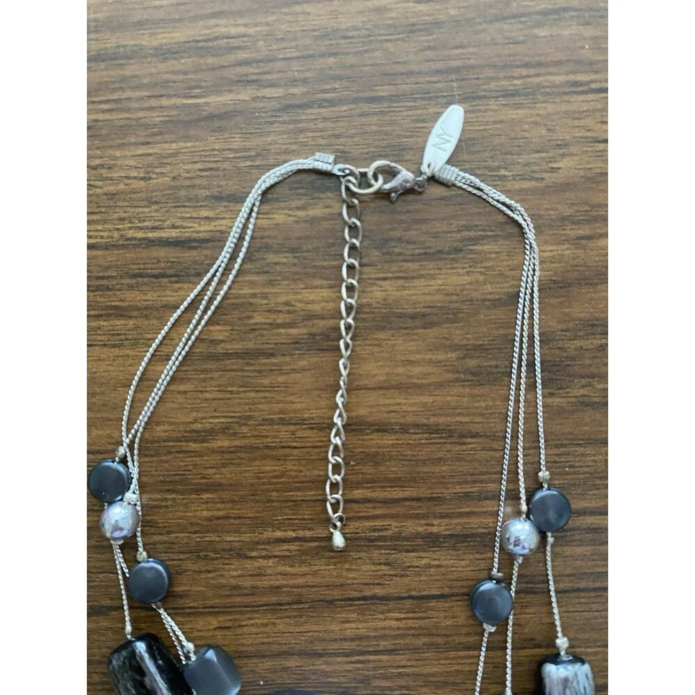 NY Chunky Teal Blue Beaded Statement Necklace Silver Tone Three Strand Fairy